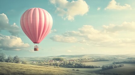 Fototapeta premium A whimsical pink hot air balloon floating over a serene countryside landscape.