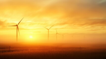 Obraz premium A wind farm at sunrise with engineers inspecting turbines and calibrating power systems