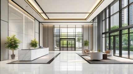 Fototapeta premium Blurred hotel or office building lobby with a modern luxury white room space. The interior view towards the reception hall features a blurry corridor and building glass wall windows
