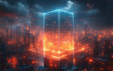 Obraz premium Futuristic Cityscape with Abstract Geometric Structures and Neon Blue Lights in Cyberpunk Style