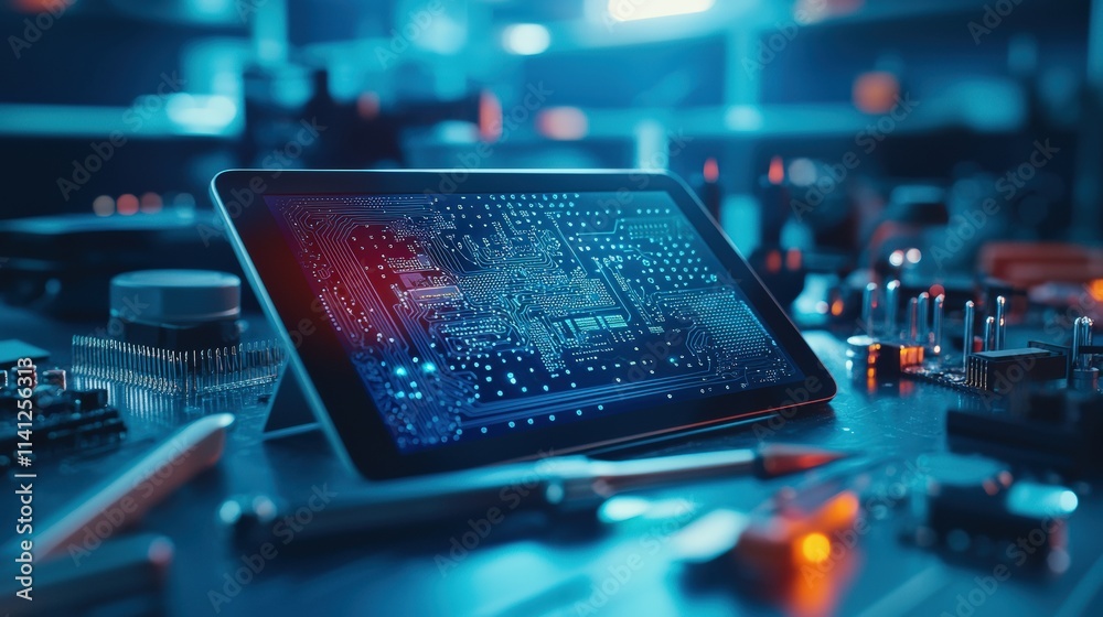 Poster a vibrant pcb design displayed on a tablet, surrounded by soldering tools and components on a clean 