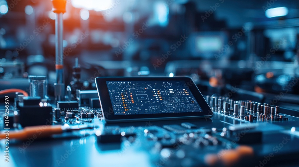 Aufkleber A vibrant PCB design displayed on a tablet, surrounded by soldering tools and components on a clean workbench