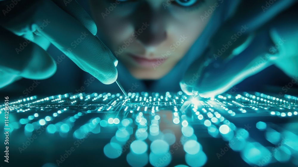 Poster a technician performing real-time diagnostics on a high-performance circuit board under magnified li