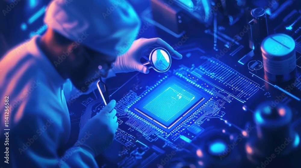 Poster a technician inspecting a microchip under a magnifying glass, surrounded by advanced tools in a labo