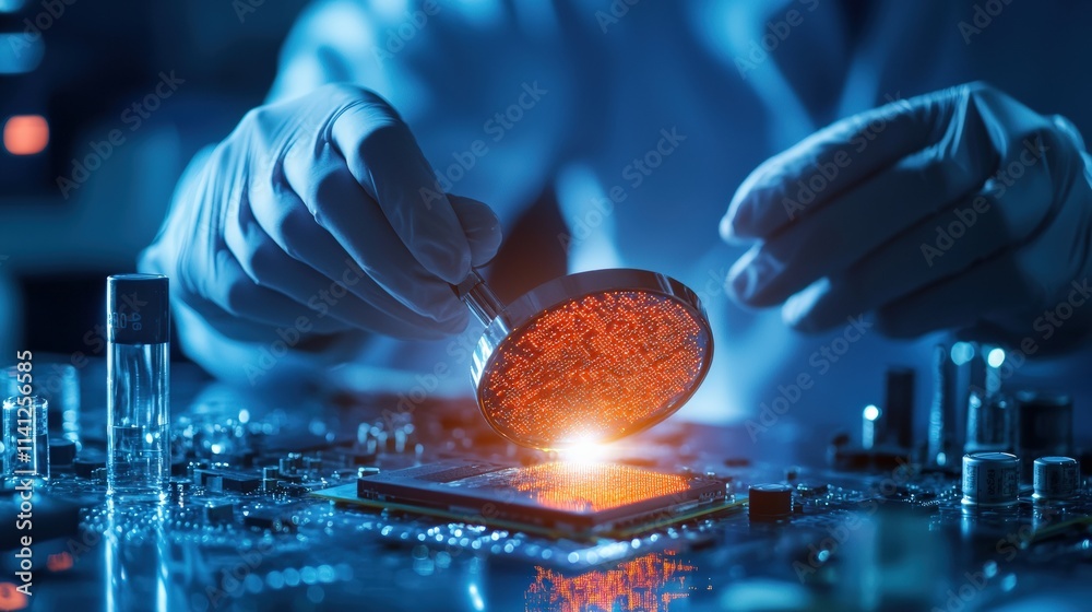Poster A technician inspecting a microchip under a magnifying glass, surrounded by advanced tools in a laboratory