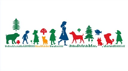 A vibrant outdoor scene featuring colorful characters and animals, showcasing nature's beauty.