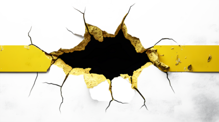 A yellow line is visible in the middle of a large hole in a white wall