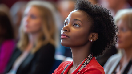 Fototapeta premium Engaged audience listening attentively to a motivational speaker at a conference focused on personal growth and professional success.