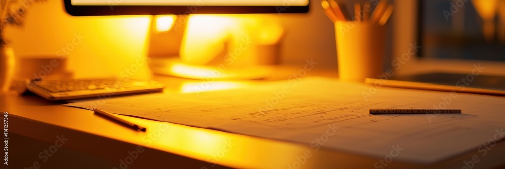 Poster a sleek engineering workstation with a drafting table, rulers, and technical blueprints illuminated 