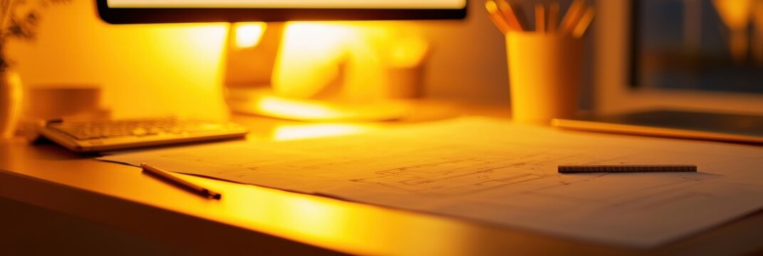 A sleek engineering workstation with a drafting table, rulers, and technical blueprints illuminated by warm lighting