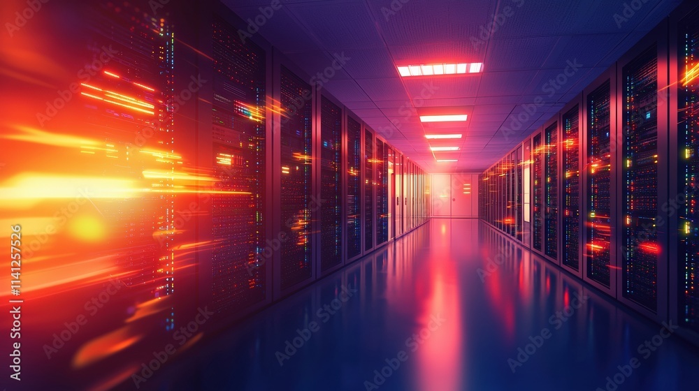 Leinwandbilder A server room with glowing racks of processors and engineers monitoring performance on digital tablets