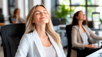 Relaxed Professionals Taking a Mindful Break. A businesswoman group in an office setting sits back in the chair with eyes closed, enjoying a moment of calm and deep breathing