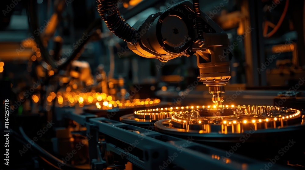 Poster A robotic arm assembling components on an automated assembly line under precise industrial lighting