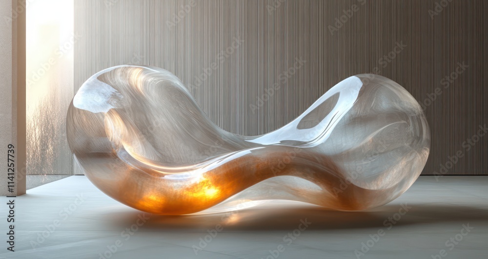 Poster Minimalist translucent sculpture with curved lines and smooth textures in a colorful reflective light
