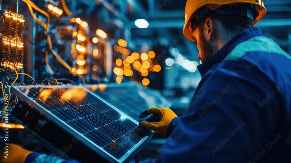 Poster A renewable energy setup with engineers inspecting a solar inverter connected to a battery storage system