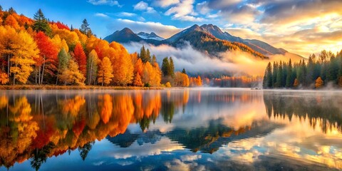 Fototapeta premium Serene Autumn Lake Reflecting Colorful Trees and Majestic Mountains at Sunrise