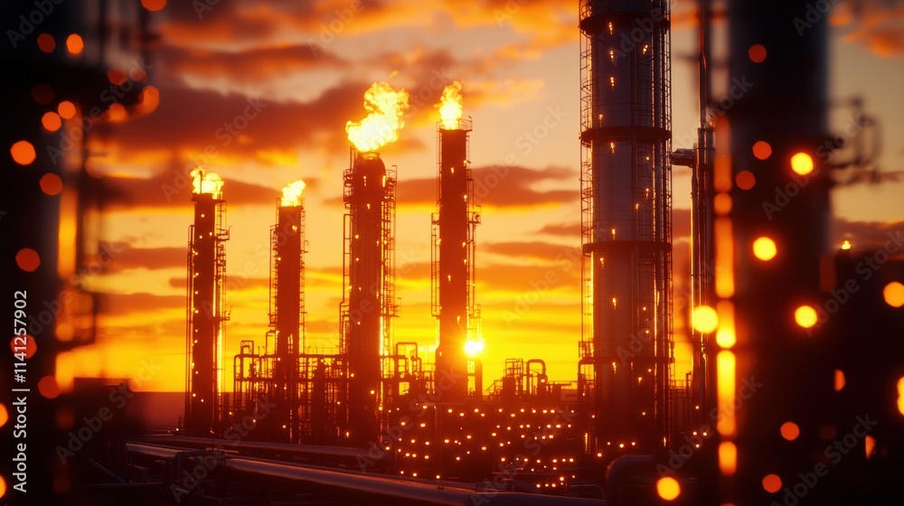 Poster a petrochemical refinery with brightly lit columns and pipelines under a twilight sky