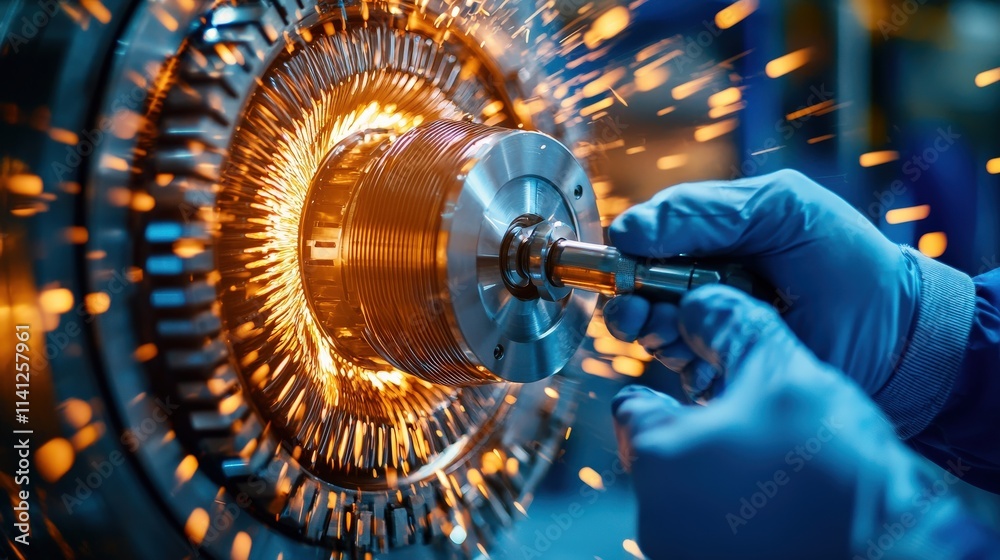 Aufkleber A mechanical engineer inspecting a prototype motor casing using a torque wrench in a high-tech lab