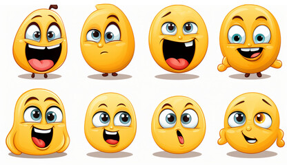 Set of cartoon emoji as the yellow pears with different facial expressions on a white background for projects, marketing and social networks