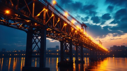 Obraz premium A large-scale bridge lit up during the evening, with active construction work continuing under spotlights