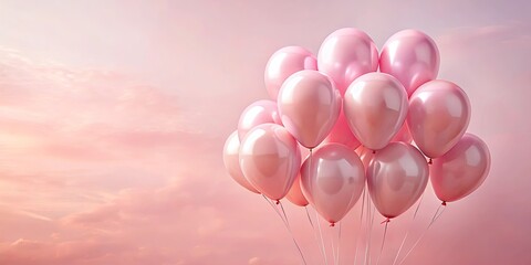 Pink balloons floating against a soft pastel sky at sunset, a joyful celebration of happiness and dreams