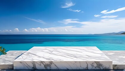 Fototapeta premium A serene view of a marble platform overlooking a tranquil ocean, under a clear blue sky with soft clouds in the distance.