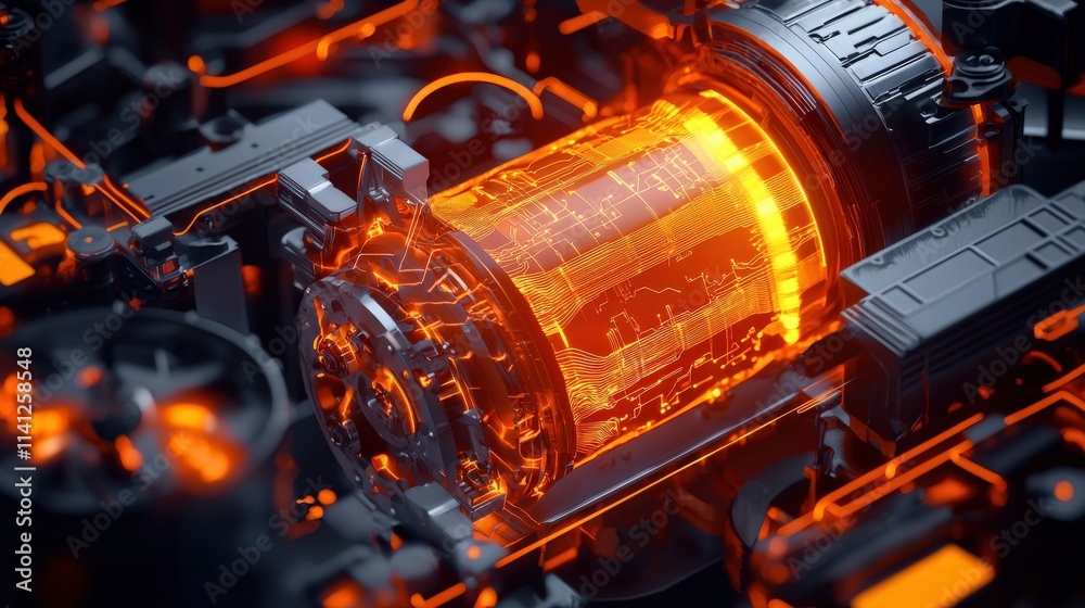 Poster A highly detailed cutaway of a transformer with dynamic annotations showing current flow and resistance points