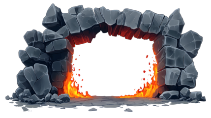 A large rock archway with a fire burning in the middle