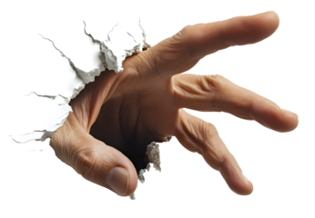A hand is shown in a hole in a white background