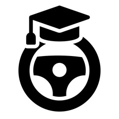 Steering Wheel With Graduate Cap For Driving School glyph icon