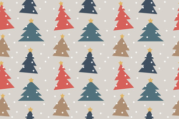 Seamless pattern, background with decorative christmas trees. Colorful happy New Year background. Winter theme forest tree design for wrapping paper