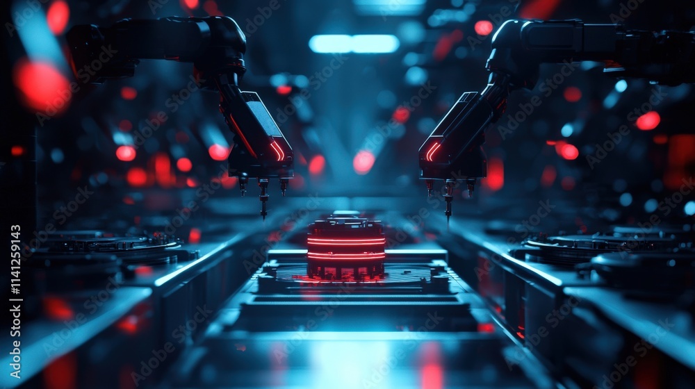 Aufkleber A fully automated production line assembling precision machinery with synchronized robotic arms