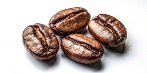 Naklejka premium Close-up view of four roasted coffee beans, showcasing their rich brown color and intricate surface texture