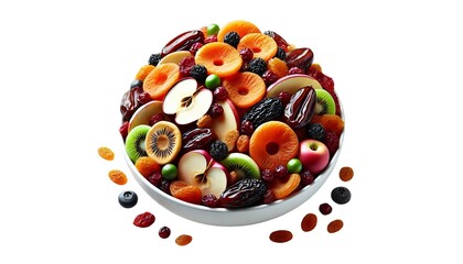 Bowl of Dried and Fresh Fruits  Healthy Snack  Mix of Apricots  Apples  Kiwi  Dates  Raisi