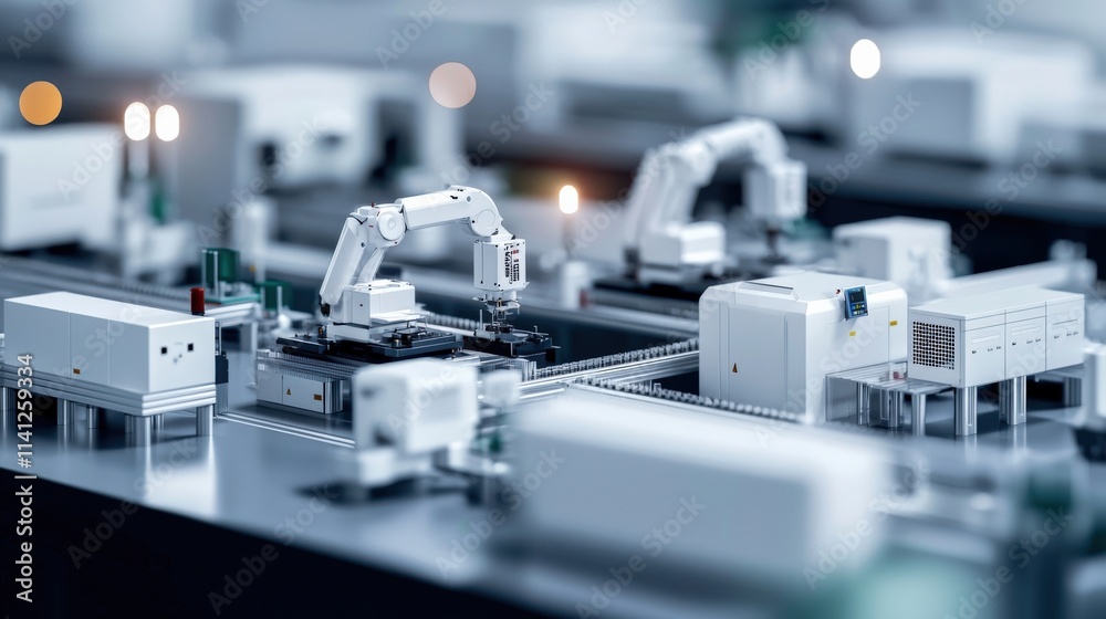Aufkleber A fully automated production line assembling precision machinery with synchronized robotic arms