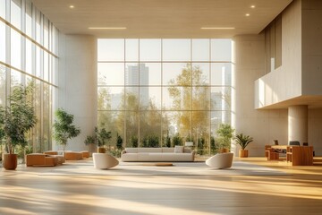 Fototapeta premium Minimalist modern office interior with large windows and desks in bright airy atmosphere