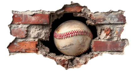 A baseball is in a hole in a brick wall