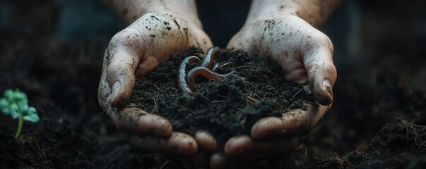 Closeup of hands cradling earthworms in dark fertile soil