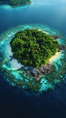 Aerial view of a lush, green island surrounded by turquoise waters and coral reefs.