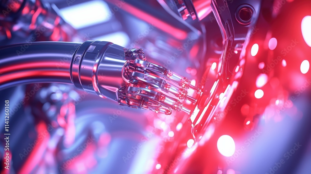 Poster A detailed visualization of robotic arms performing synchronous tasks in an advanced automobile factory