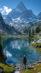 Hiker at lake with mountain view.