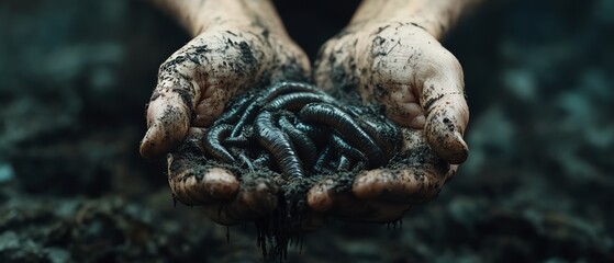Detailed image of human hands holding a group of earthworms in nutrientrich