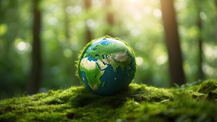 "Earth Day &ndash; Green Globe in Mossy Forest with Defocused Sunlight, Highlighting Environmental Awareness"
