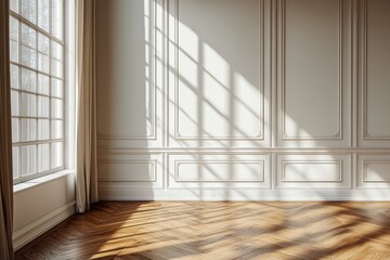 Obraz premium Empty room with large white wall, wooden parquet floor, window with curtain, and soft sunlight creating shadows and highlights.
