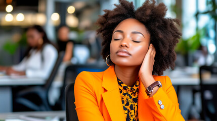 Young Professional Woman Relaxing at Work. A young woman in a bright orange blazer, sitting in an office with her eyes closed, appearing relaxed and stress-free