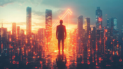 businessman standing at edge of glowing urban skyline, inspired by growth