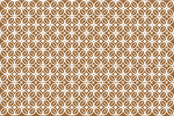 Elegant Kawung Batik pattern design with leaf elements in white and brown on a brown background. This symmetrical pattern exudes a classic and decorative feel, perfect for fabric, wallpaper or other.