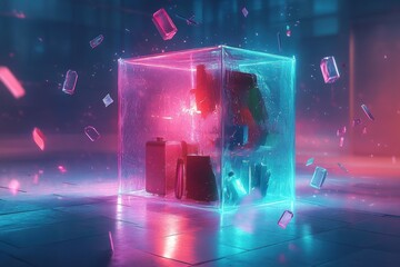 Surreal Illumination of a Transparent Cube Filled with Everyday Objects in a Dreamlike Background
