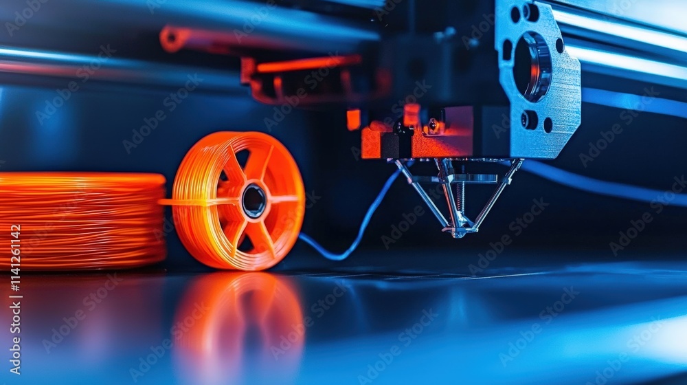 Aufkleber A printed mechanical part displayed alongside filament spools and a futuristic printer