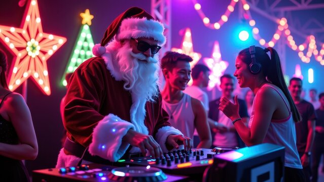"Santa spins tracks with flair, mixing beats in his festive finery amidst a sea of mesmerized faces."